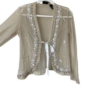 New York & Company Cream Sheer Lace Satin Embroidery Y2K Coquette Cardigan Small